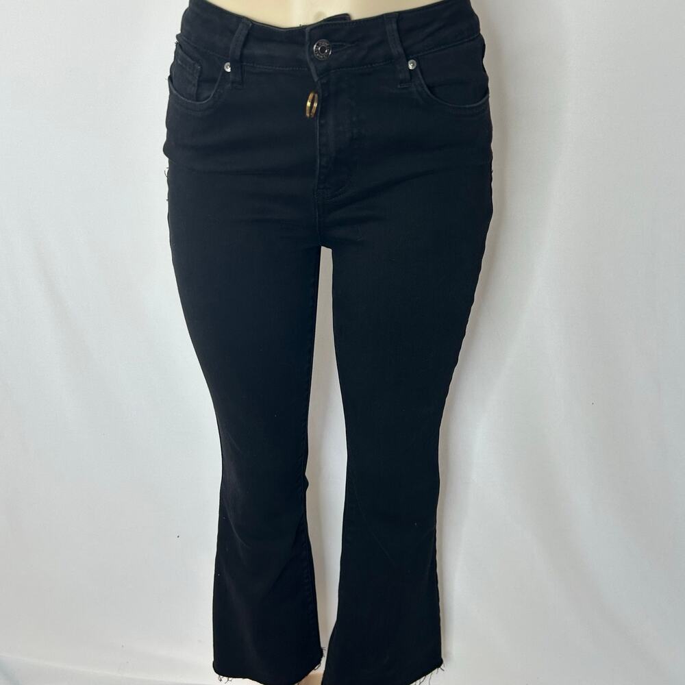 Flying Banana Size 8 Black High Rise Cropped Flare Jeans Raw Hem Stretch